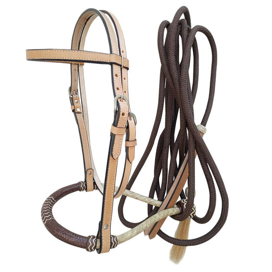 Western Horse Leather Headstall Rawhide Bosal With Reins